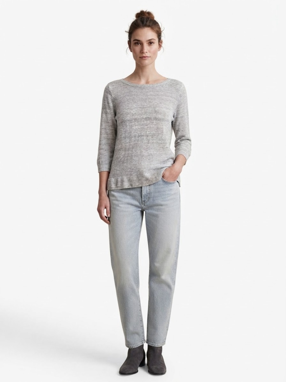 Madewell 100% Linen Boatneck Long Sleeve Knit Top Heather Gray Size Medium